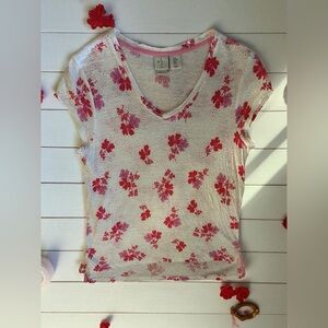 Joie | Pink & Red Floral Short Sleeve Hi Low Top 100% Linen | Size Medium